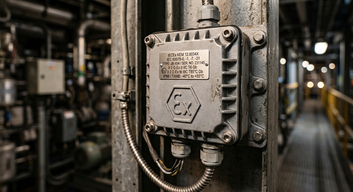 Explosion-proof junction box with IECEx certification label