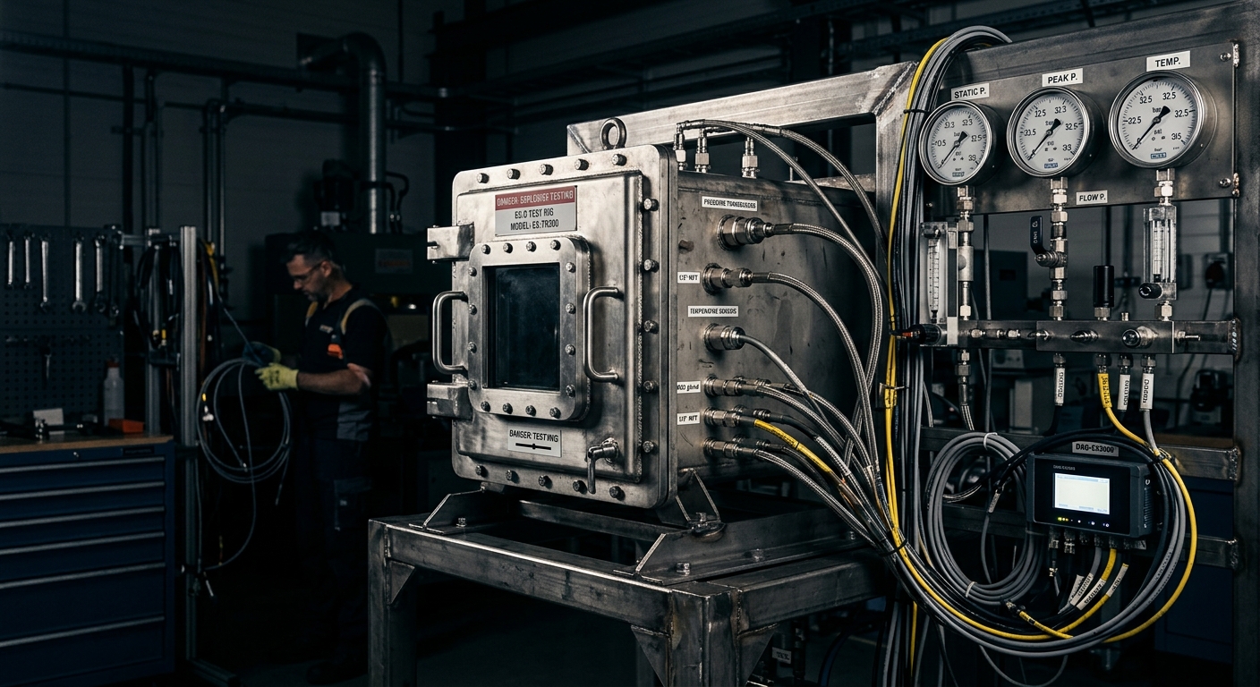 Laboratory test rig for IEC 60079 explosion-proof enclosure testing