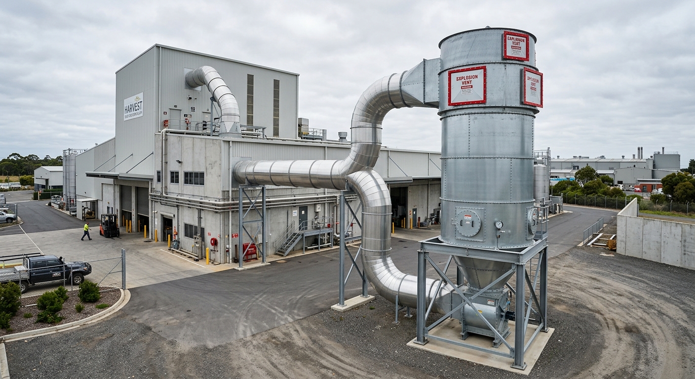 Food processing plant with dust collector and explosion vent panels