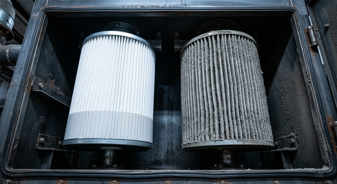 Clean versus dust-caked cartridge filters side by side