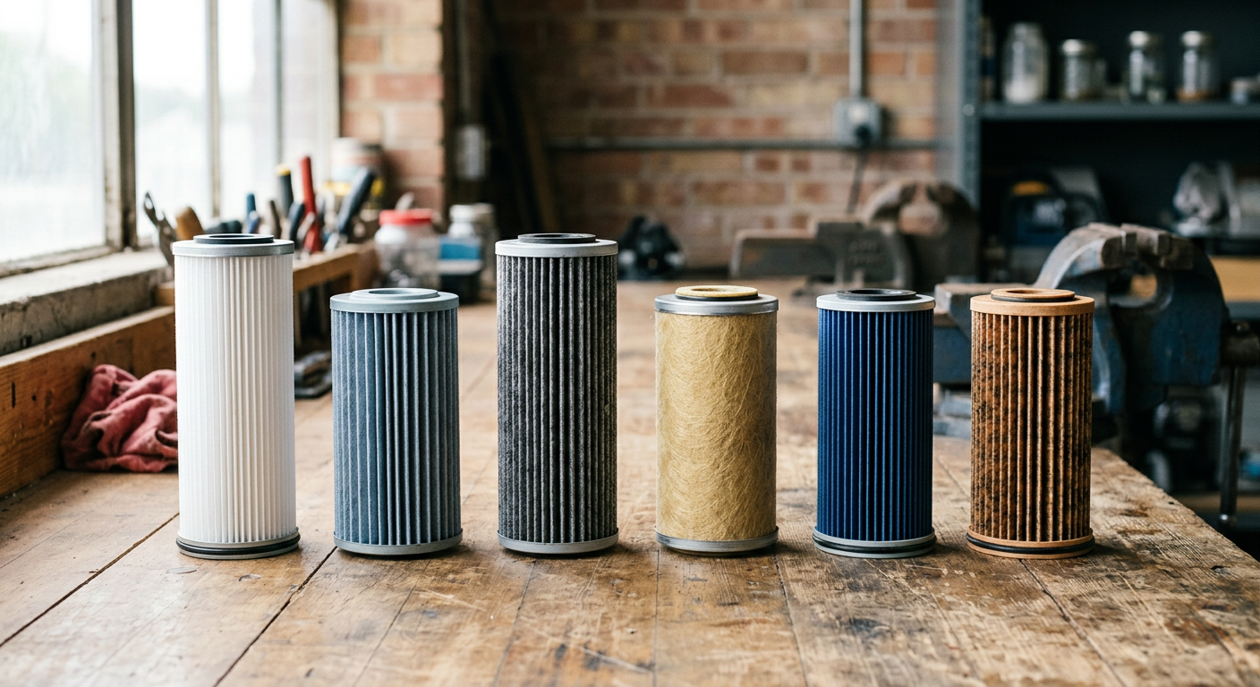Different industrial filter media samples on a workbench