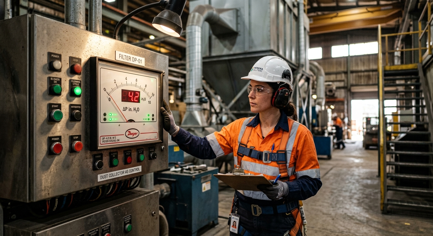 Technician checking differential pressure on a dust collector control panel