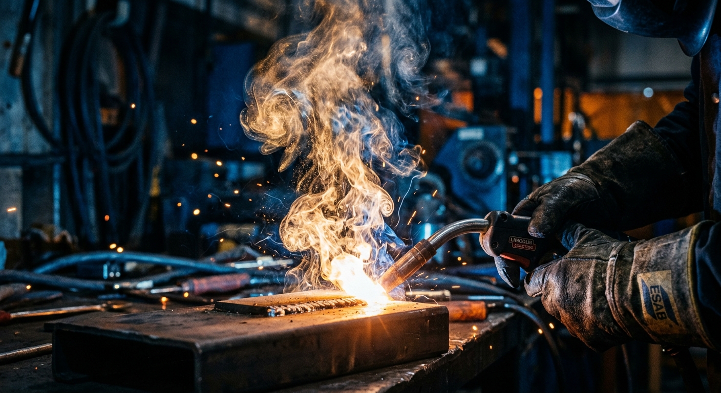 Fine metal welding fume rising from a MIG welding arc