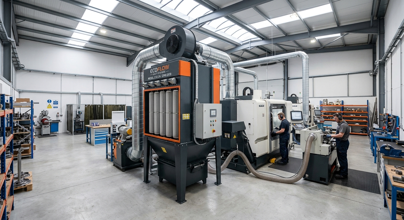 Compact cartridge dust collector installed inside a metalworking workshop