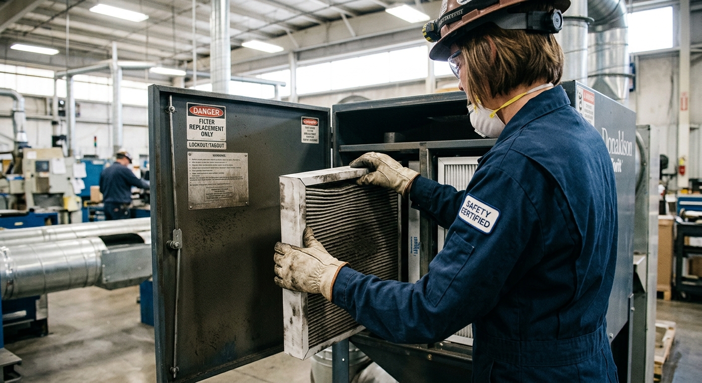 Technician inspecting pleated filter cartridges during maintenance