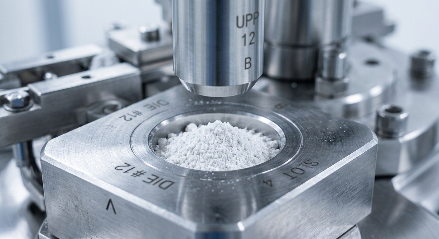 Fine pharmaceutical powder in a stainless steel tablet press die