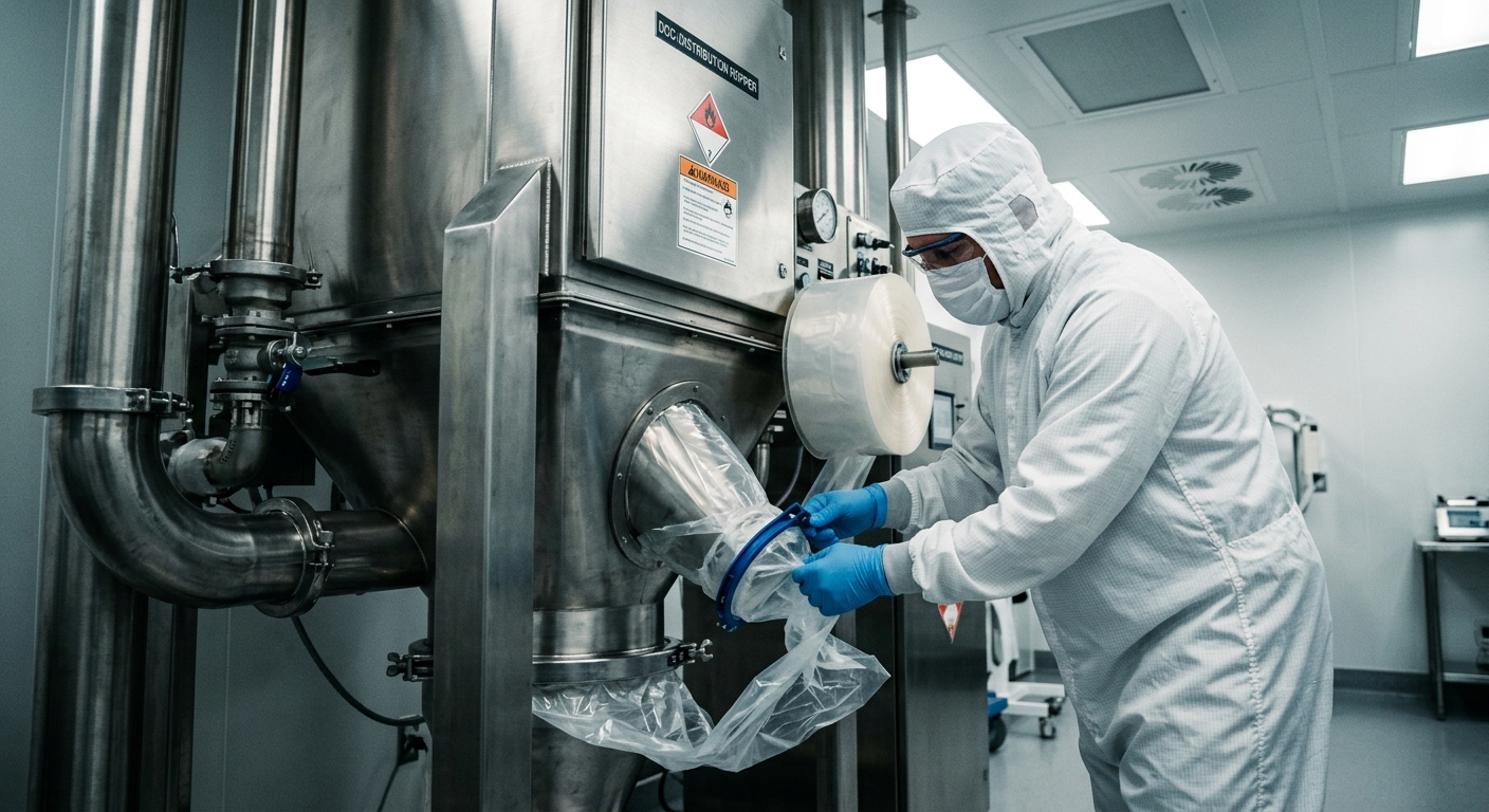Operator performing continuous liner change at dust collector discharge