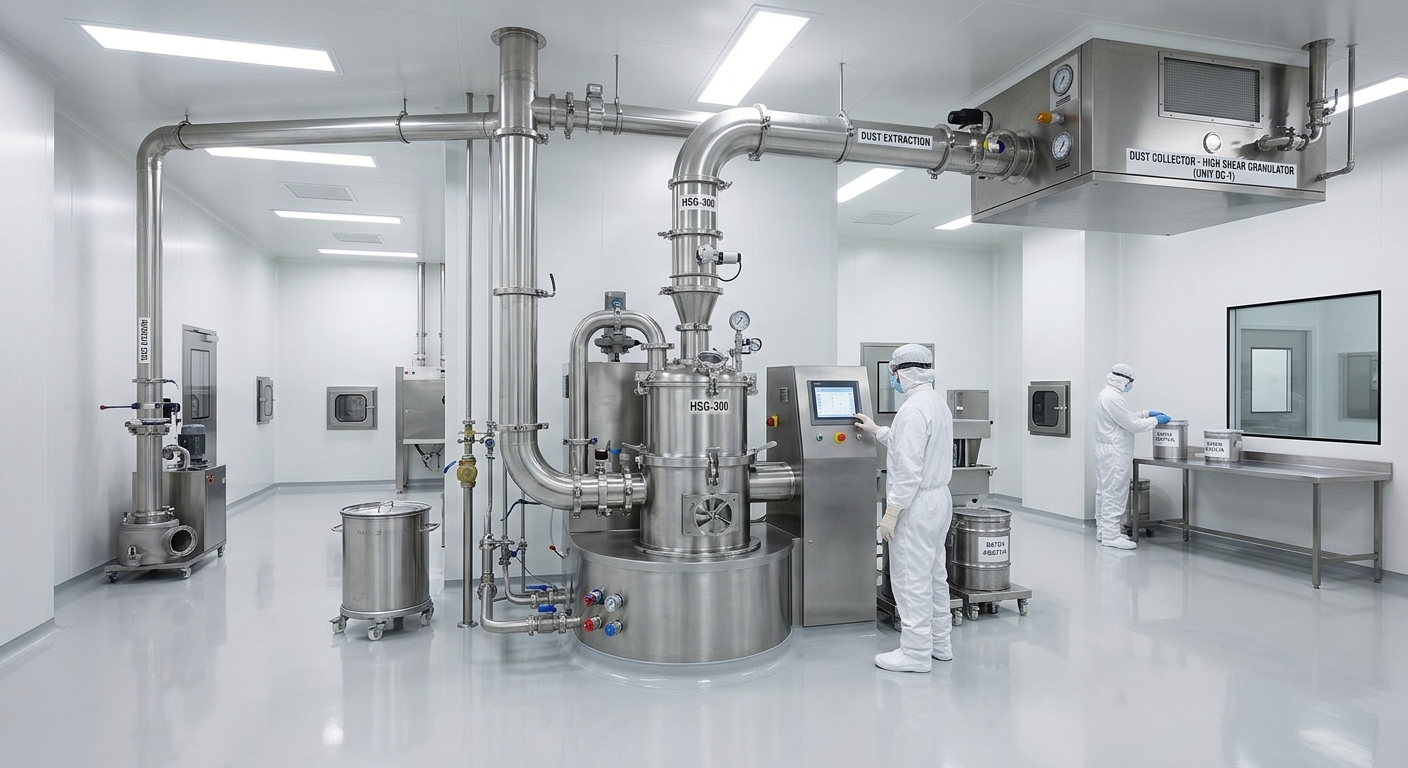 Pharmaceutical cleanroom with stainless granulator and integrated extraction