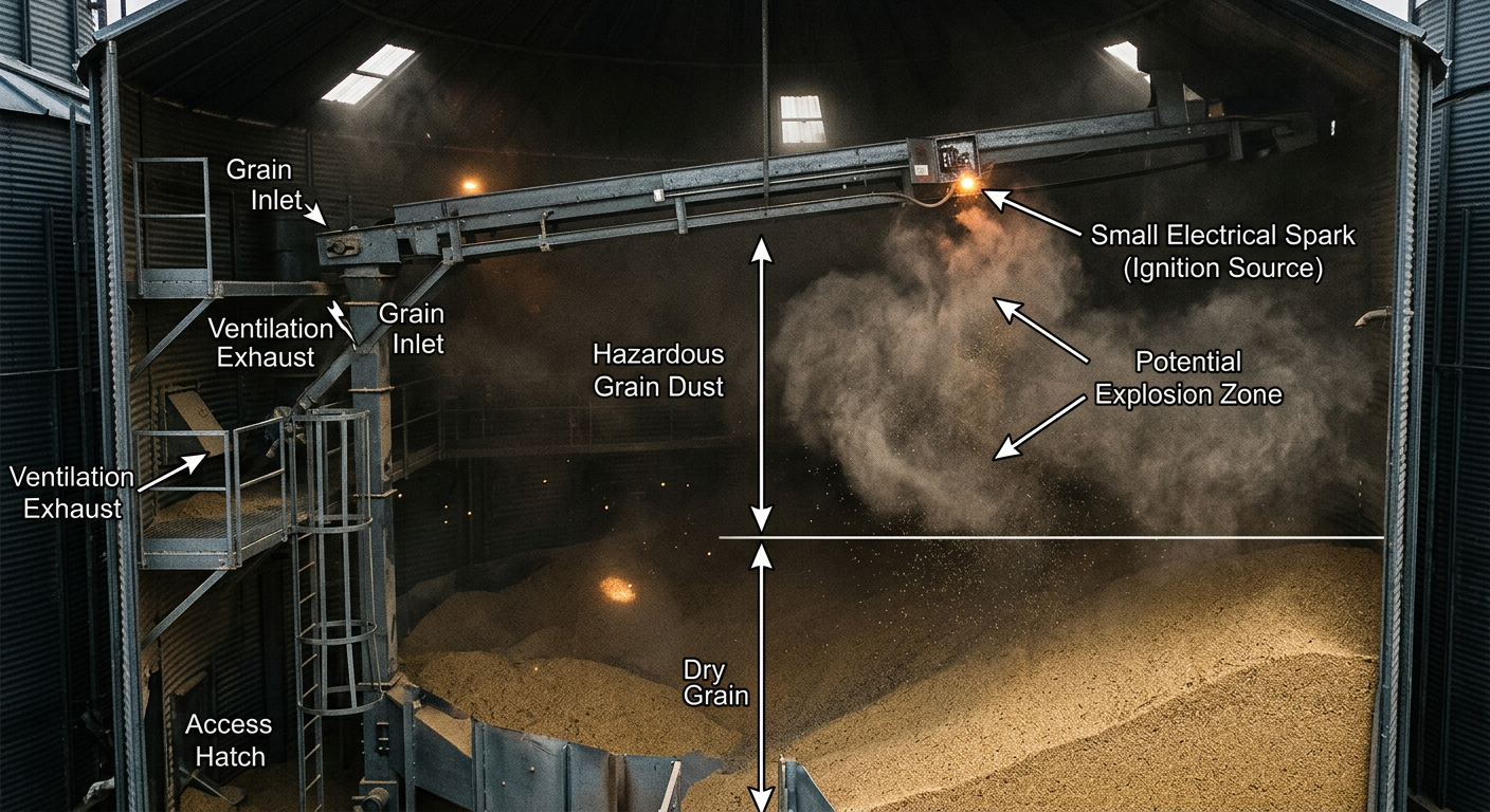 Cross-section concept of a dust cloud igniting inside a grain silo
