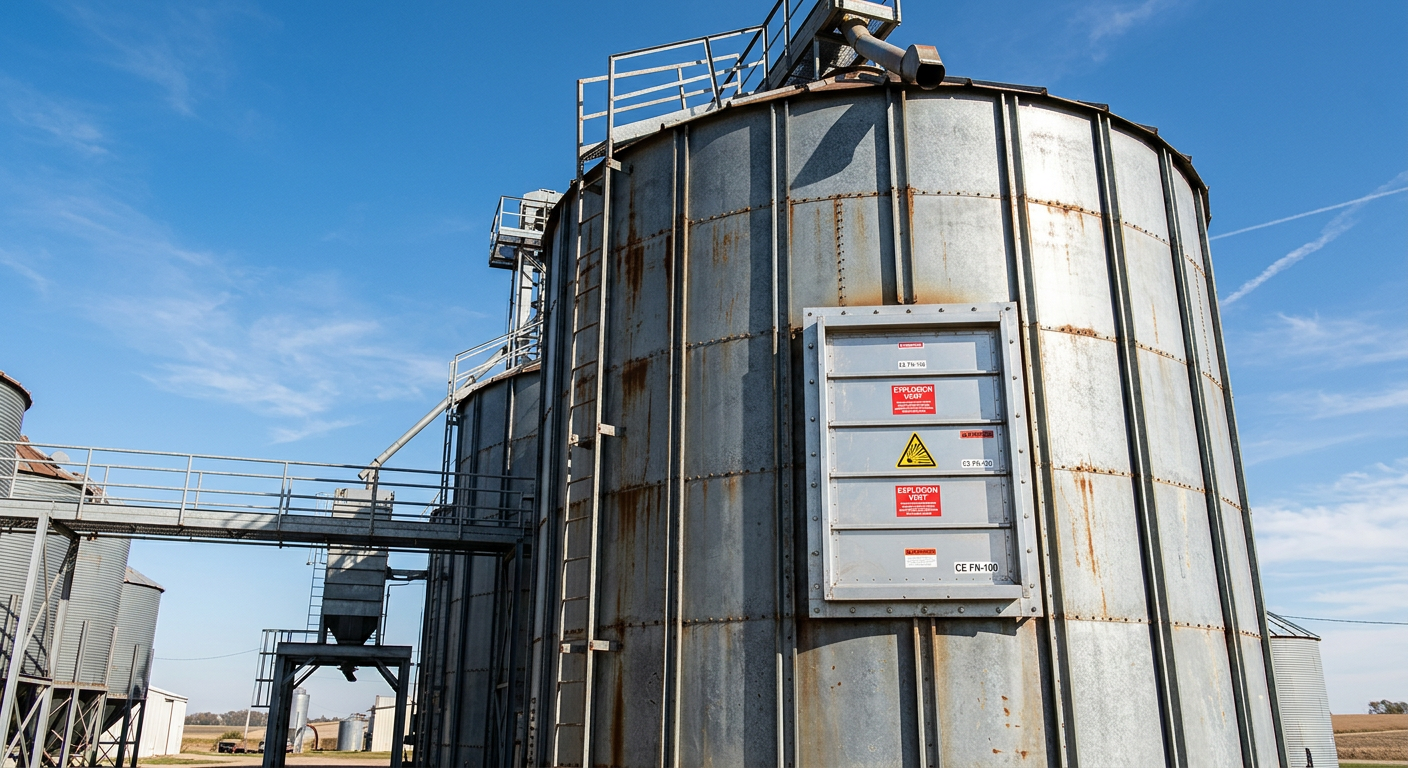 Industrial explosion vent panel mounted on a steel grain silo