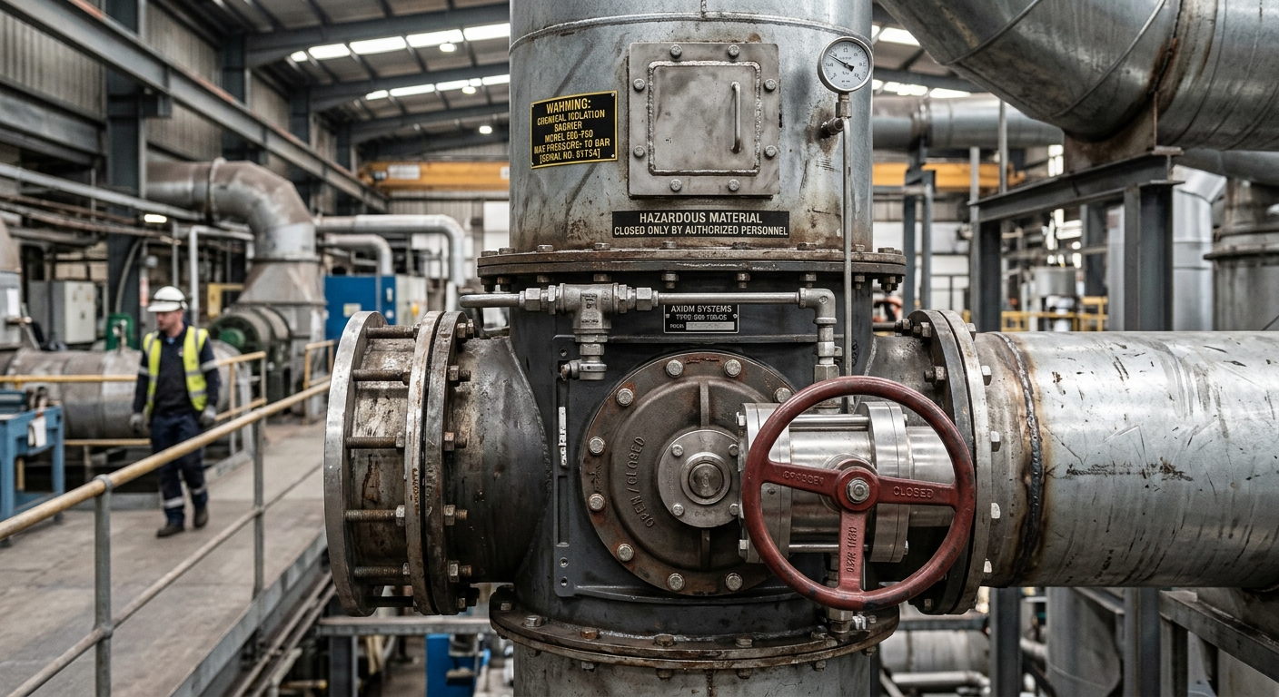 Chemical explosion isolation barrier installed on industrial ductwork