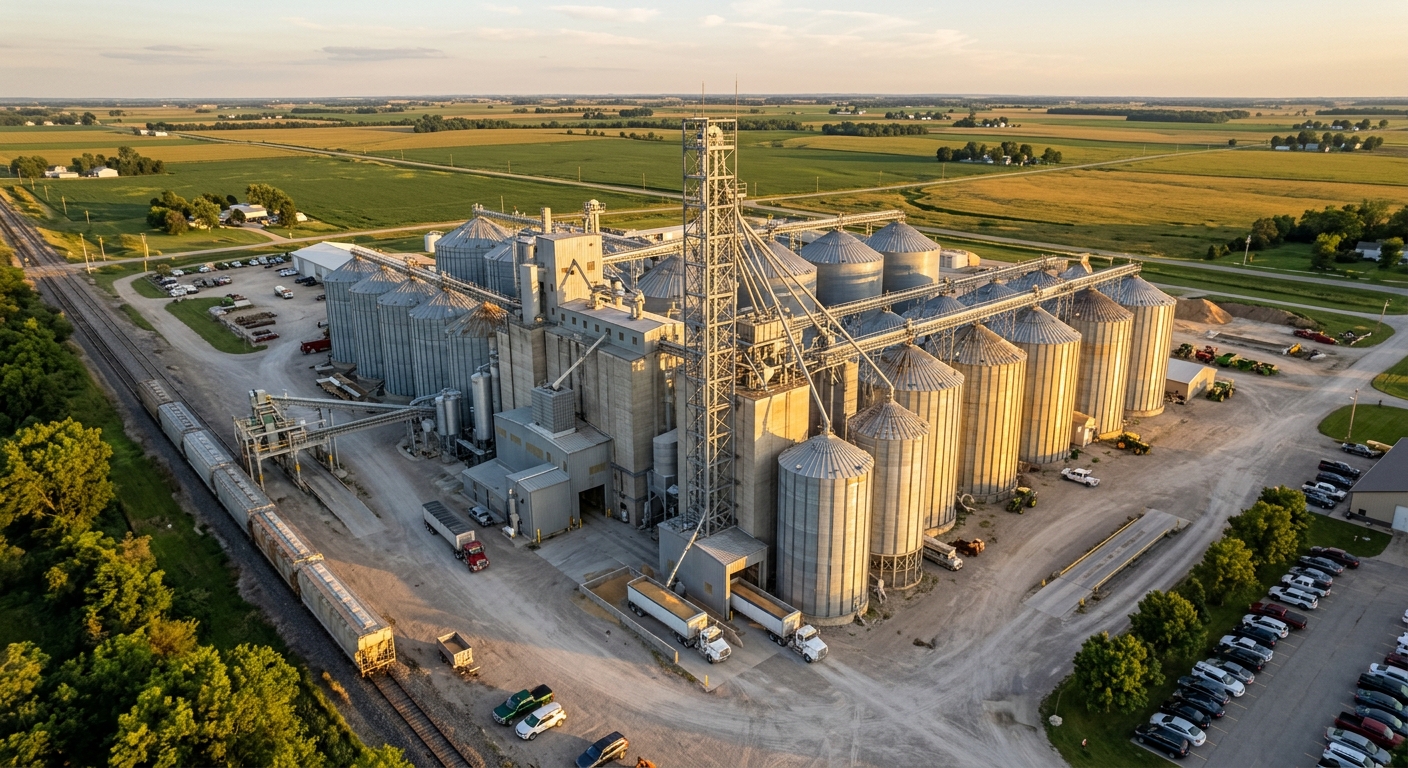 Aerial view of a grain feed mill with silos and connecting equipment