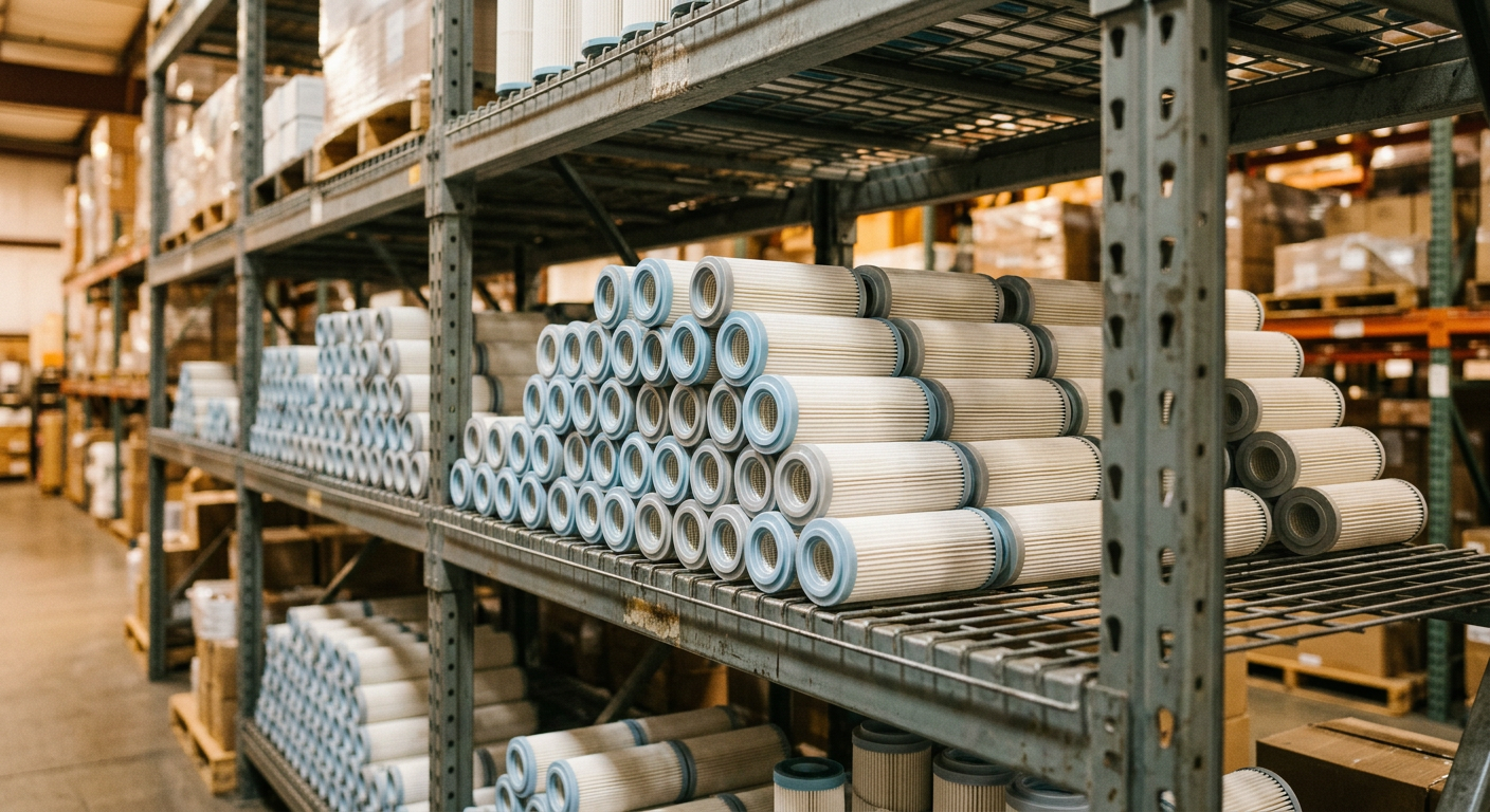 Close-up of pleated filter cartridges on industrial shelving
