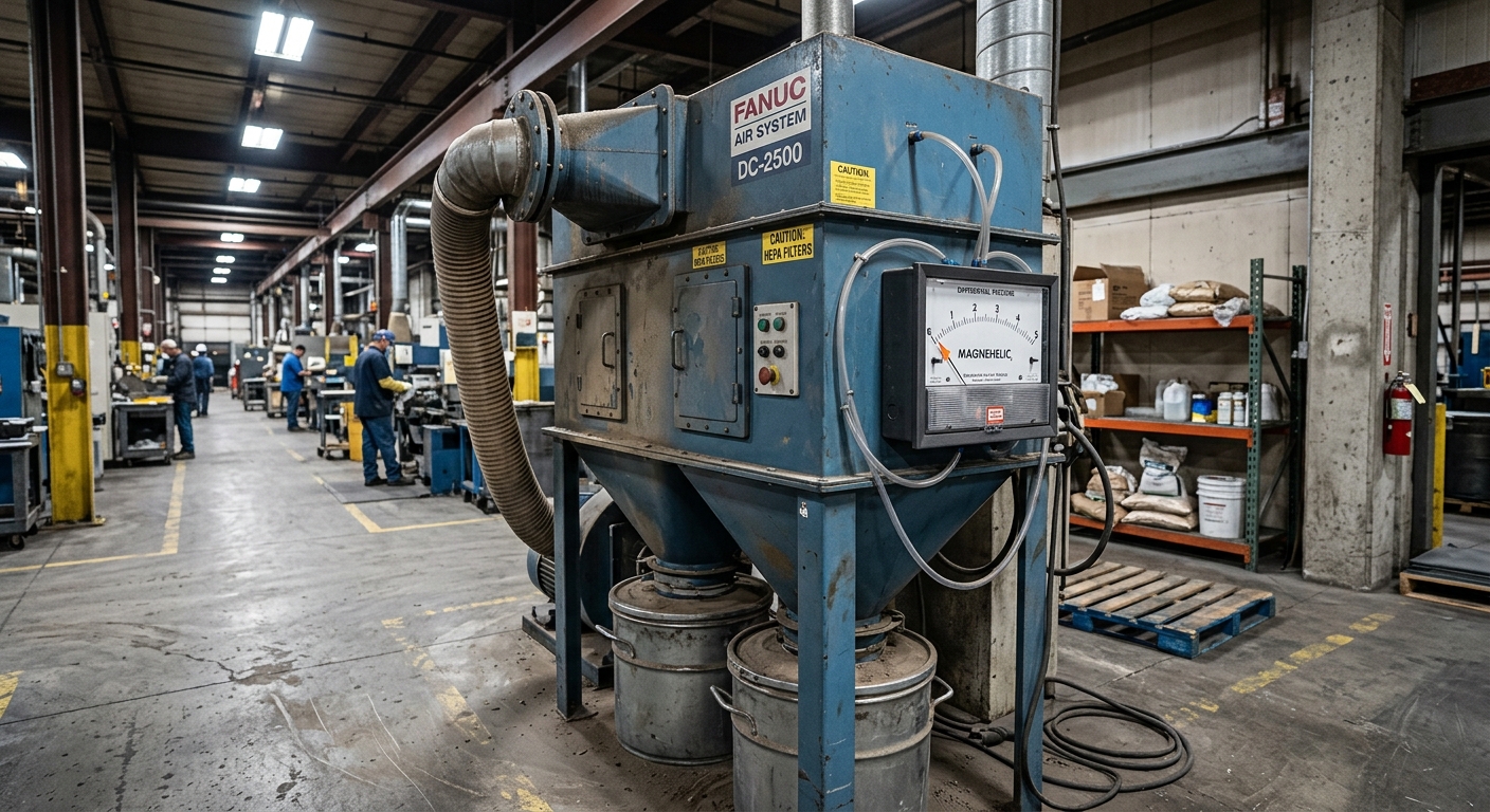 Dust collector with differential pressure gauge on factory floor