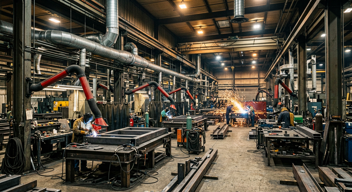 Fabrication shop with welding extraction arms and overhead ductwork