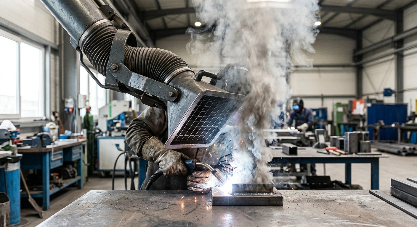 Welding fume hood capturing smoke at the source