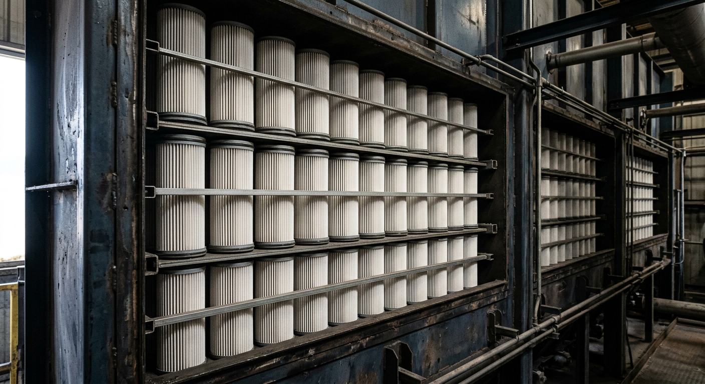 Rows of pleated cartridge filters inside an industrial dust collector