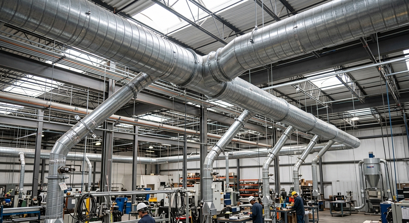 Industrial dust collection ductwork with branch take-offs