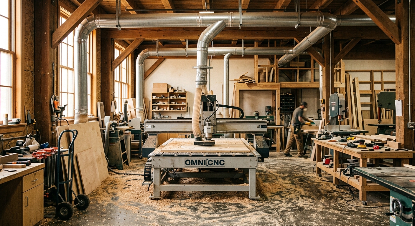 Woodworking shop with overhead dust extraction ductwork