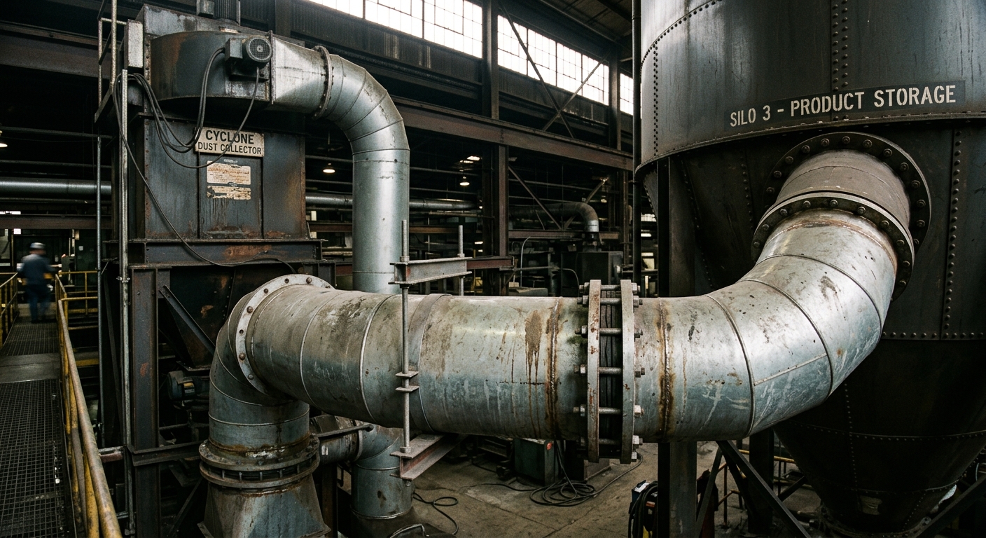 Ductwork connecting industrial dust collection vessels where flame isolation is required