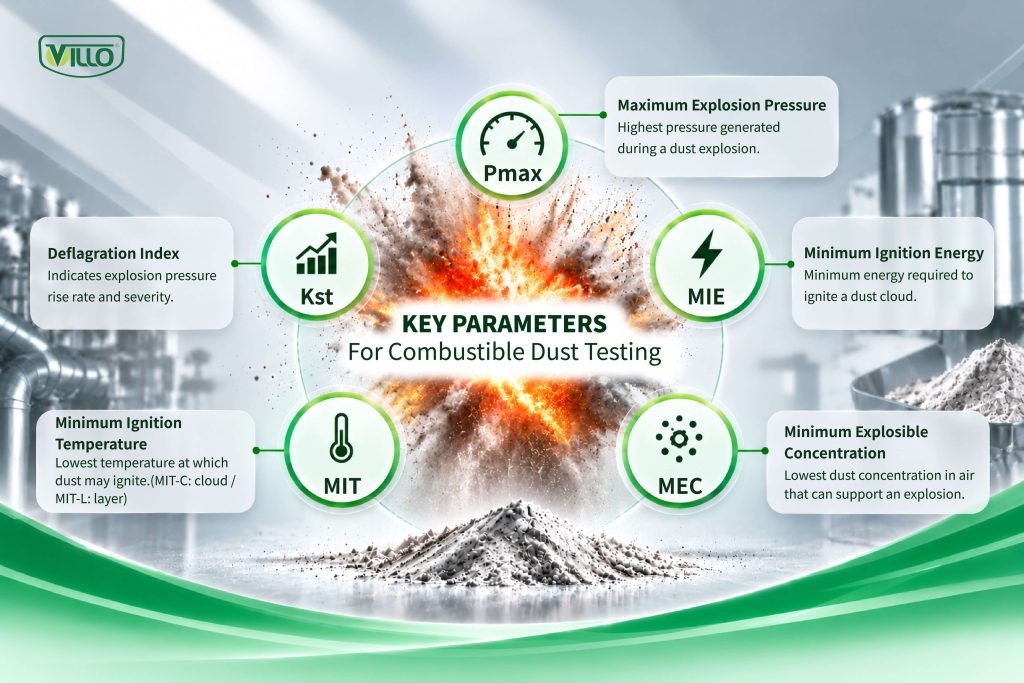 Pmax Kst MIE MIT and MEC dust explosion parameters